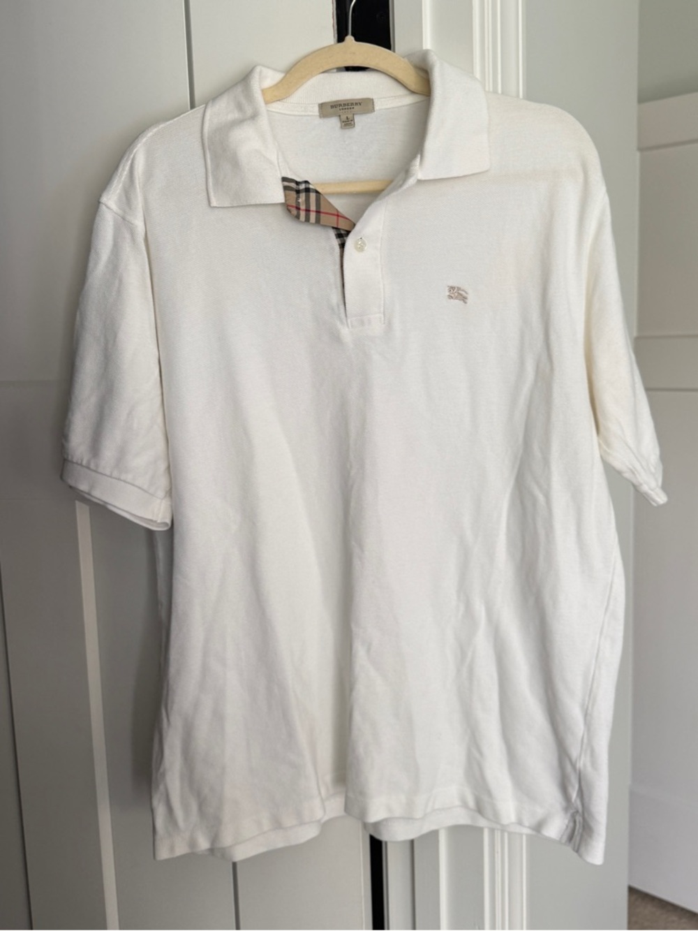 Burberry White Polo Signature Check Placket Cotton short sleeve top